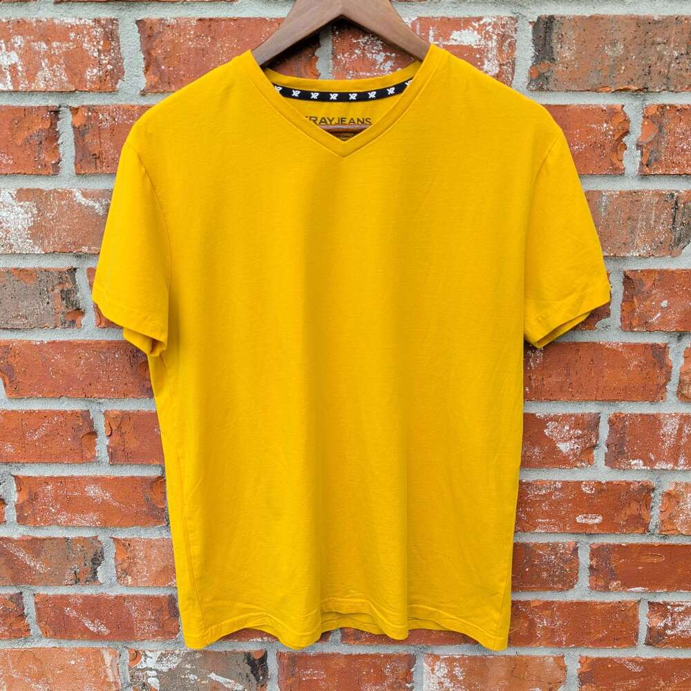 Xray Jeans V-Neck T-Shirt Mens Large Mustard Yellow Stretch Cotton Tee